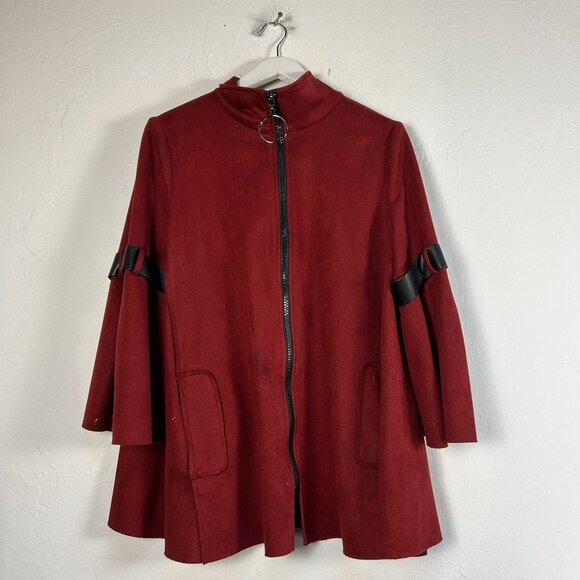 IC by Connie K Womens Red Coat Jacket Large Flared Sleeve Strap Detail Zip Artsy - Picture 1 of 9